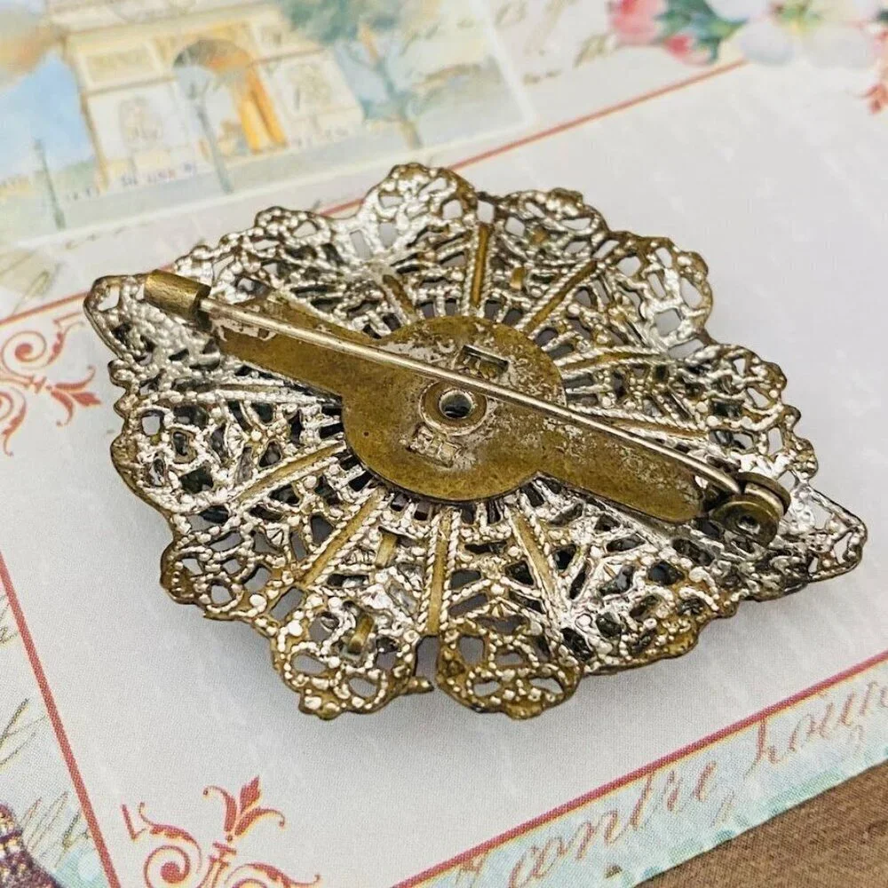 1920’s Antique Brass Filigree Bright Red Glass Stones Pin Antique